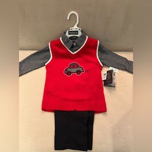 NWT Boys 3 piece outfit - pants/button down shirt/vest with Car image